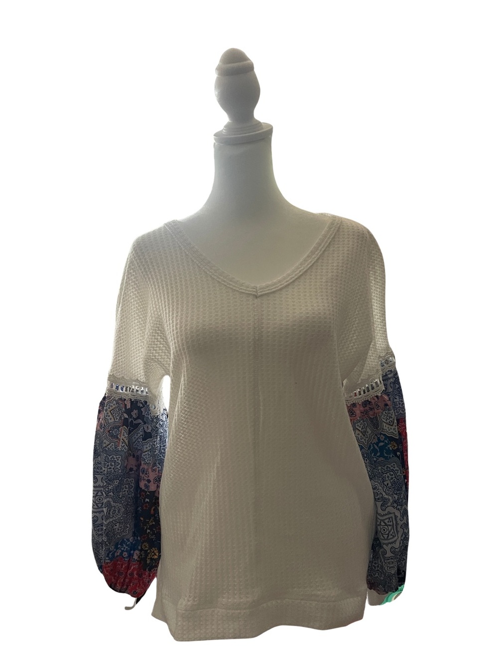 White Waffle Knit Top with Patterned Balloon Sleeves